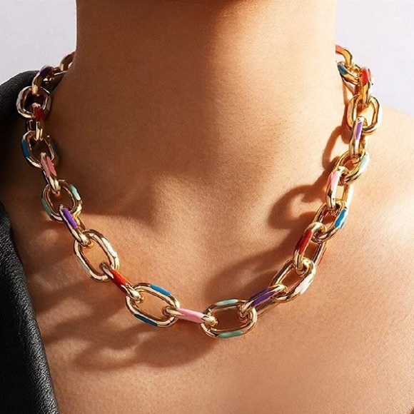 Gold Chunky Multi Colored Necklace - Picture 1 of 4